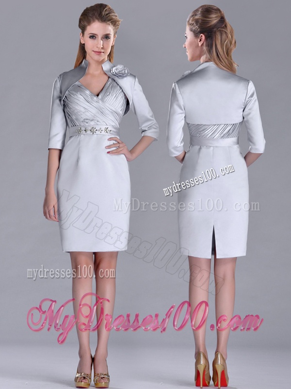 Popular Column Belted with Beaded Silver Mother of The Bride Dress with V Neck