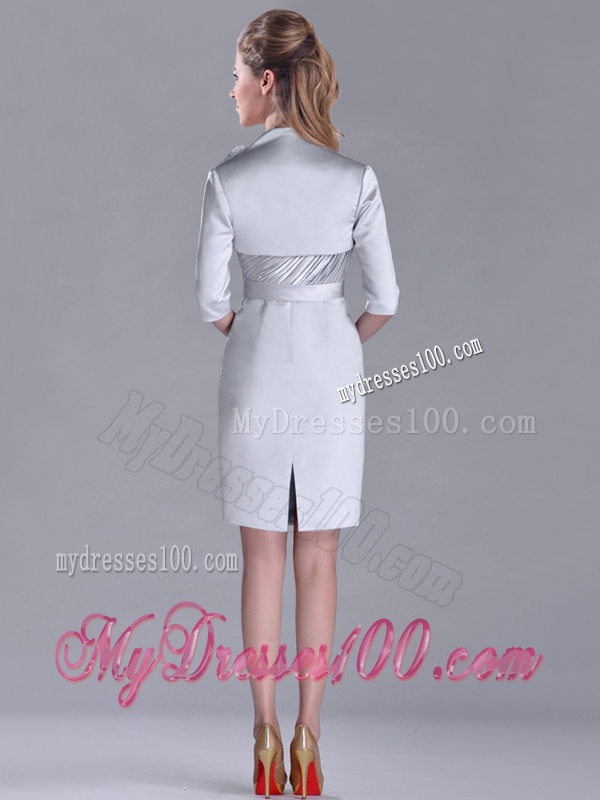 Popular Column Belted with Beaded Silver Mother of The Bride Dress with V Neck