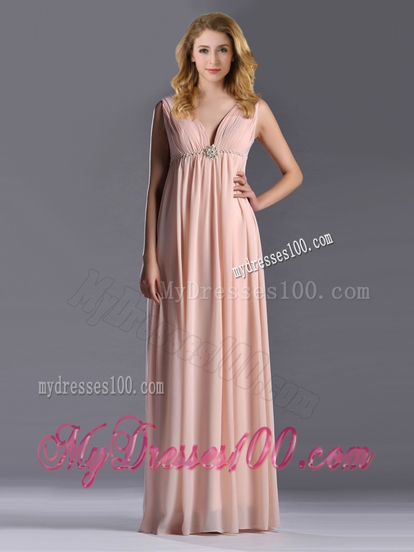 Simple Empire Chiffon Ruching Long Pink Mother of The Bride Dress with V Neck