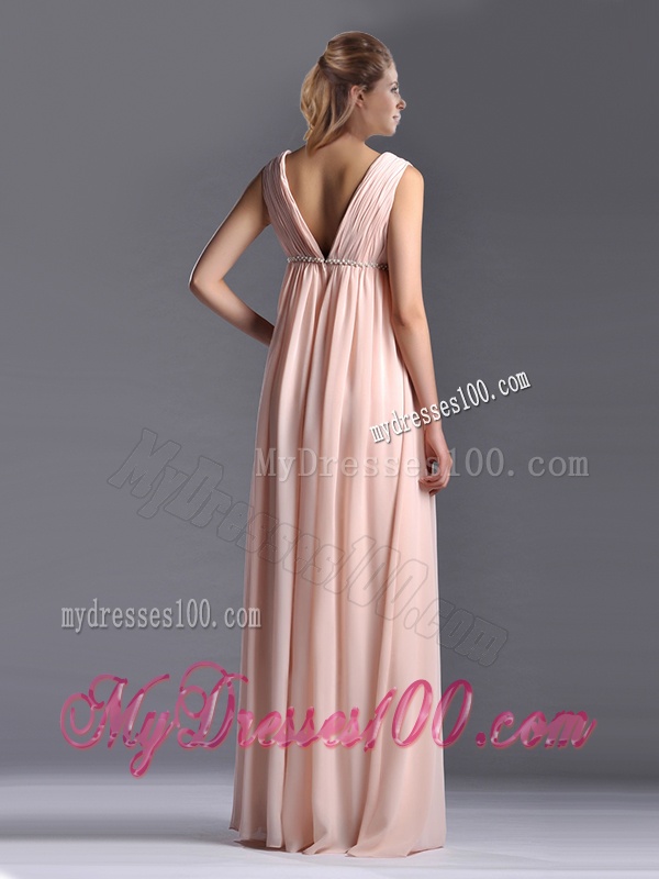 Simple Empire Chiffon Ruching Long Pink Mother of The Bride Dress with V Neck