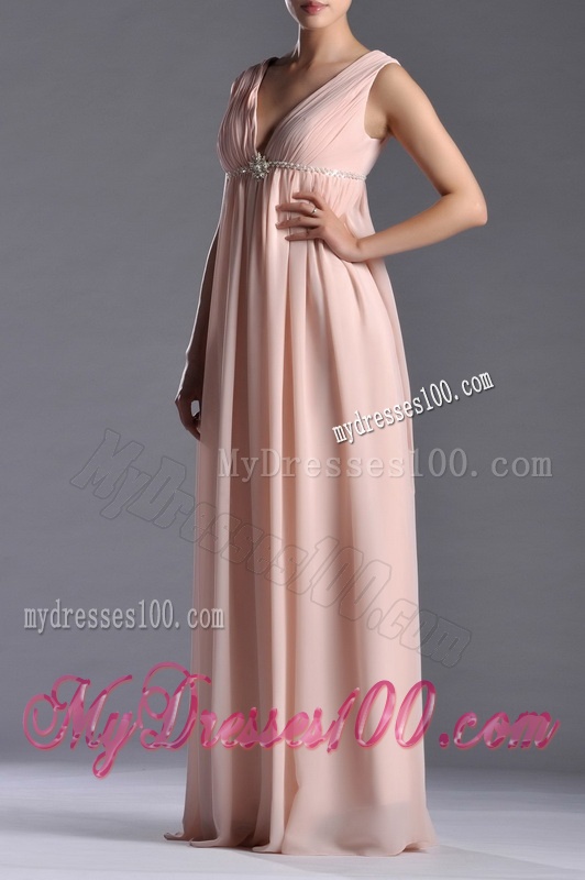 Simple Empire Chiffon Ruching Long Pink Mother of The Bride Dress with V Neck