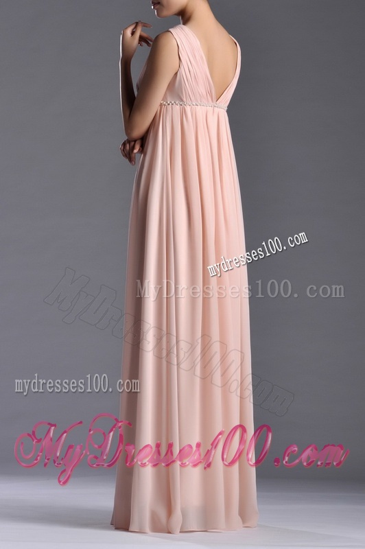 Simple Empire Chiffon Ruching Long Pink Mother of The Bride Dress with V Neck