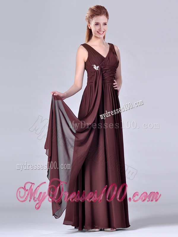 Simple Empire V Neck Chiffon Long Mother of The Bride Dress in Brown