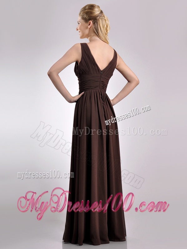 Simple Empire V Neck Chiffon Long Mother of The Bride Dress in Brown