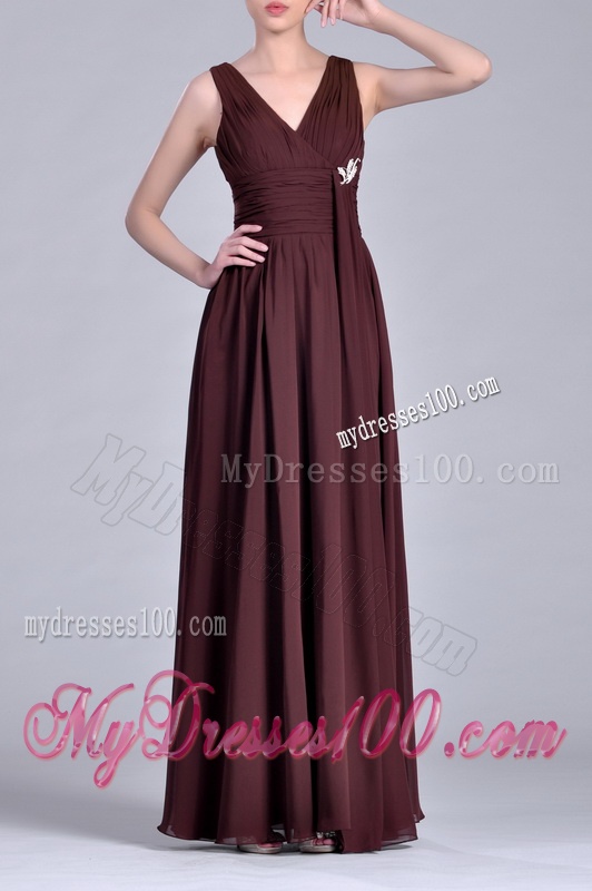 Simple Empire V Neck Chiffon Long Mother of The Bride Dress in Brown