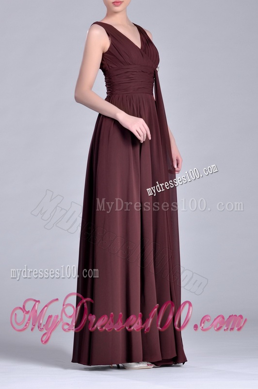 Simple Empire V Neck Chiffon Long Mother of The Bride Dress in Brown