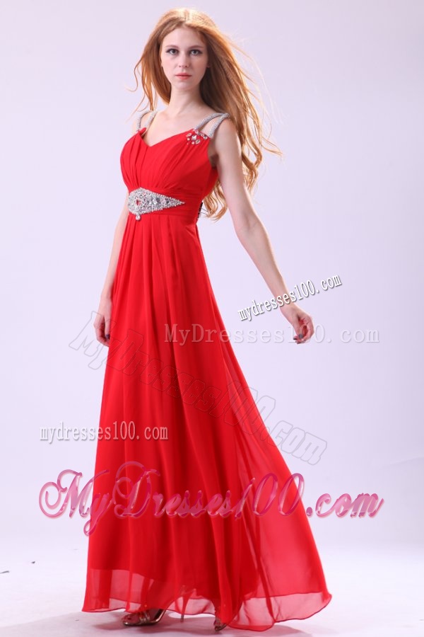 2016 Empire V-neck Red Floor-length Beading Chiffon Evening Dress