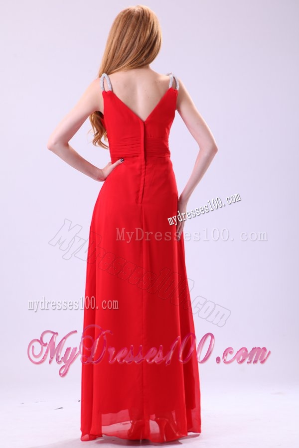 2016 Empire V-neck Red Floor-length Beading Chiffon Evening Dress