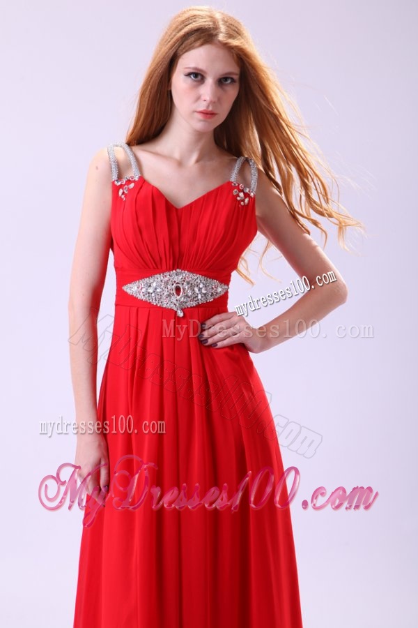 2016 Empire V-neck Red Floor-length Beading Chiffon Evening Dress