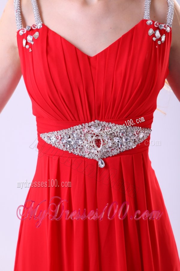 2016 Empire V-neck Red Floor-length Beading Chiffon Evening Dress
