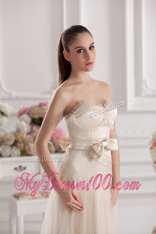 A-line Sweetheart Floor-length Bowknot Champagne Evening Dress