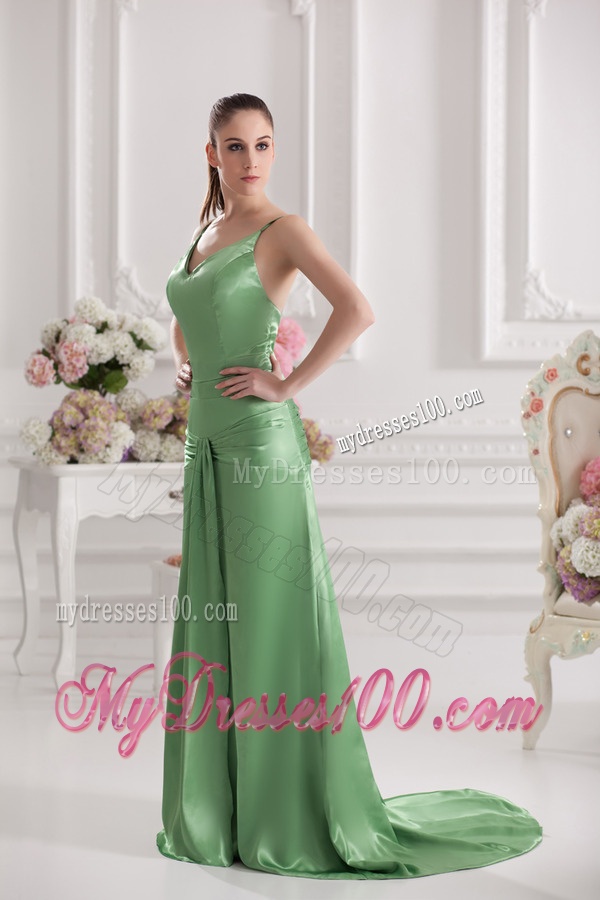 Column Spaghetti Straps Floor-length Ruching Taffeta Green Evening Stress