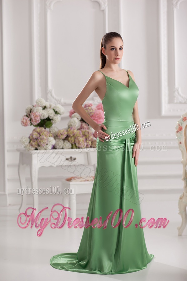 Column Spaghetti Straps Floor-length Ruching Taffeta Green Evening Stress