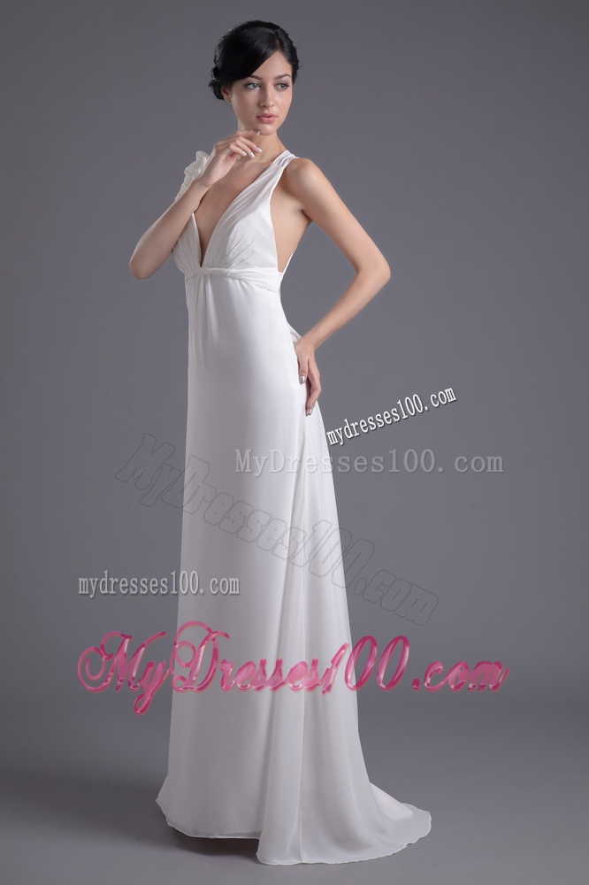 Column White Chiffon V-neck Evening Dress with Hand Made Flowers