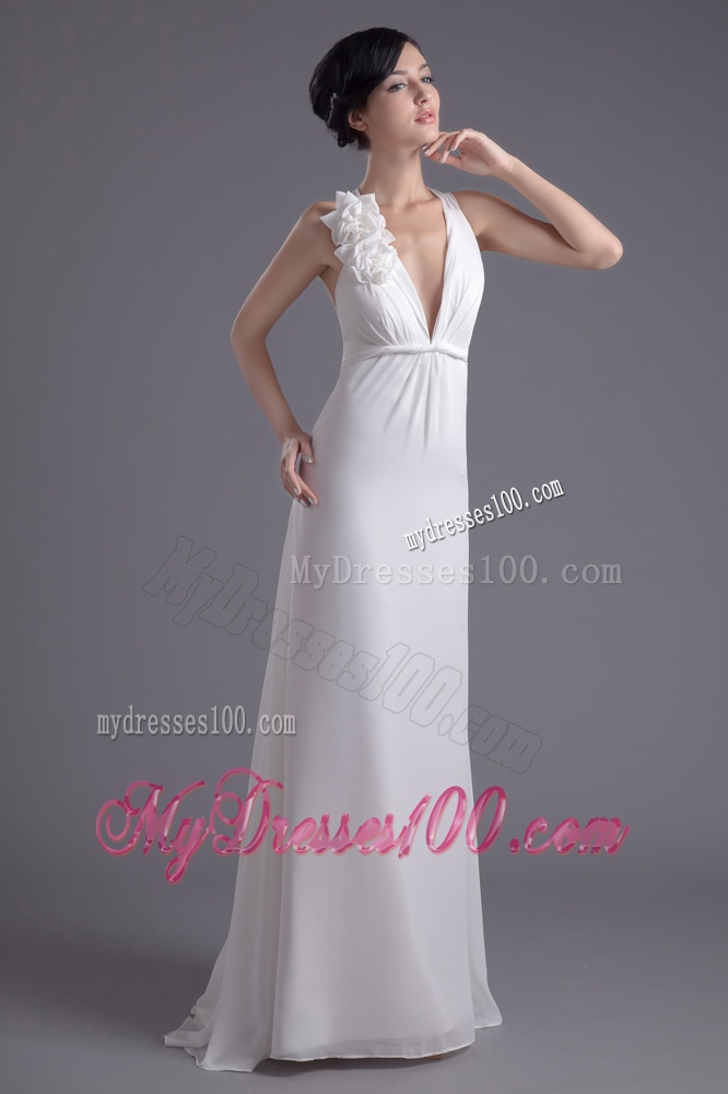 Column White Chiffon V-neck Evening Dress with Hand Made Flowers