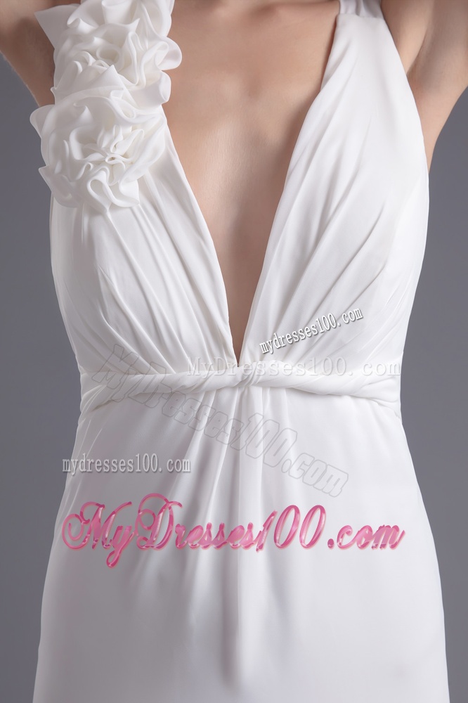 Column White Chiffon V-neck Evening Dress with Hand Made Flowers