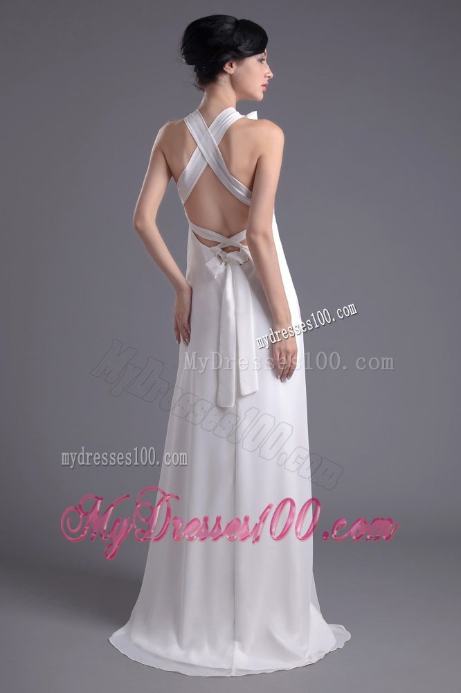 Column White Chiffon V-neck Evening Dress with Hand Made Flowers