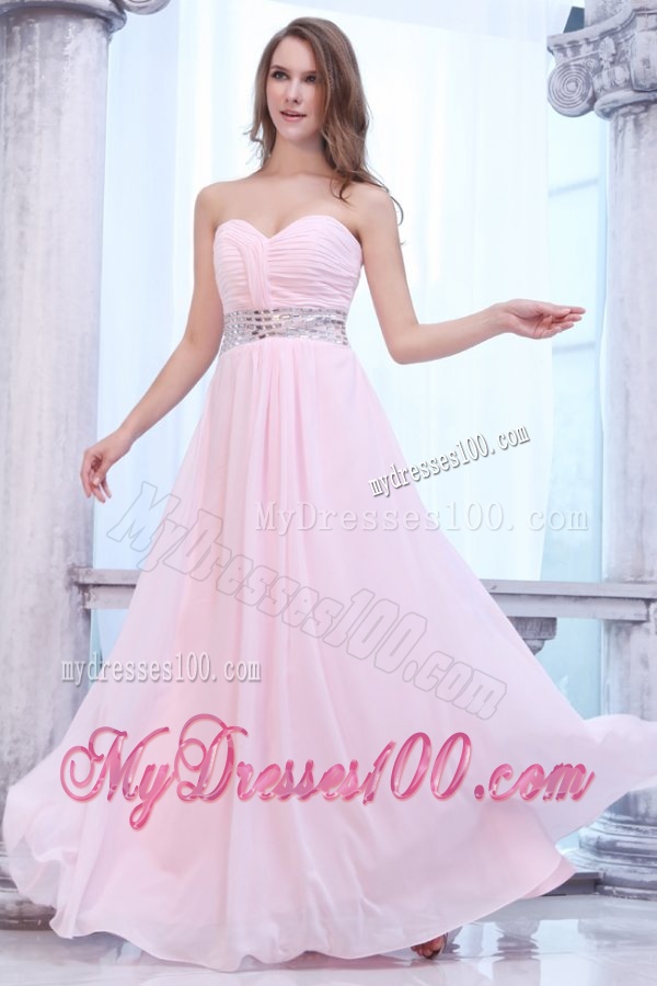 Empire Baby Pink Sweetheart Ruching and Beading Chiffon Evening Dress