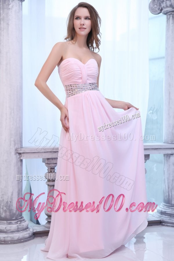 Empire Baby Pink Sweetheart Ruching and Beading Chiffon Evening Dress