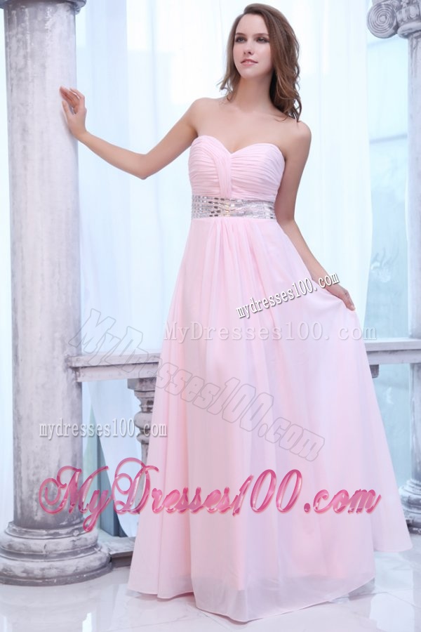 Empire Baby Pink Sweetheart Ruching and Beading Chiffon Evening Dress