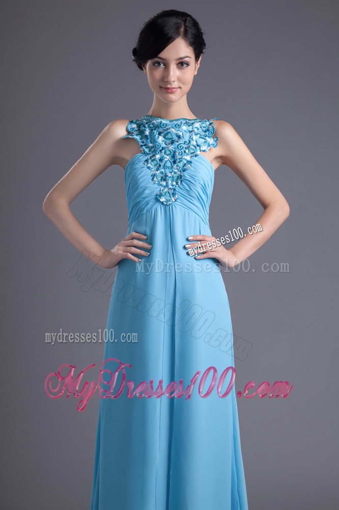Empire Halter Top Floor-length Beading Aqua blue Evening Dress