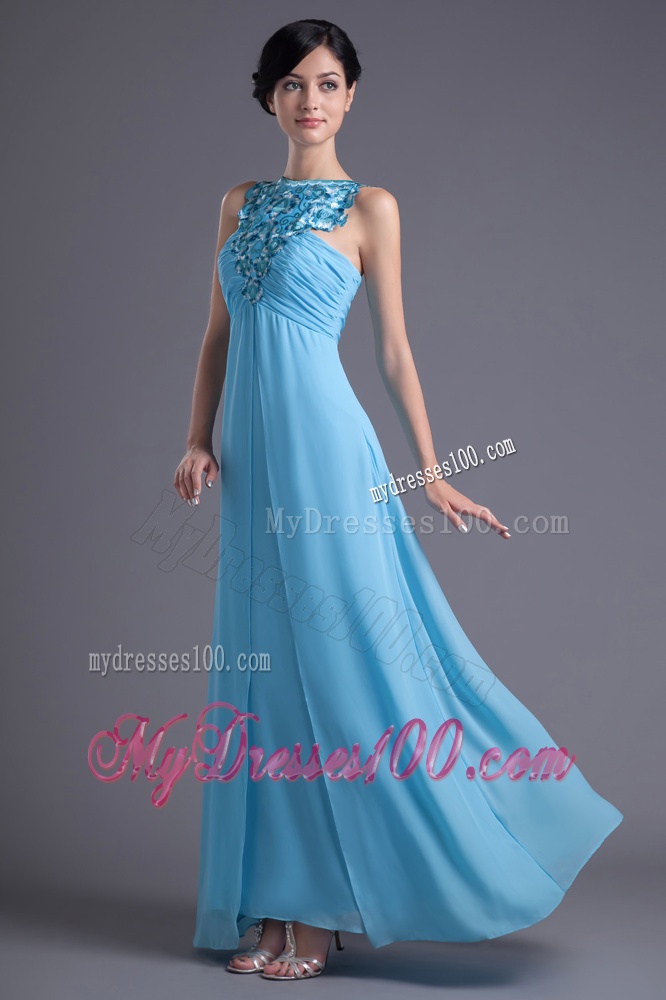 Empire Halter Top Floor-length Beading Aqua blue Evening Dress