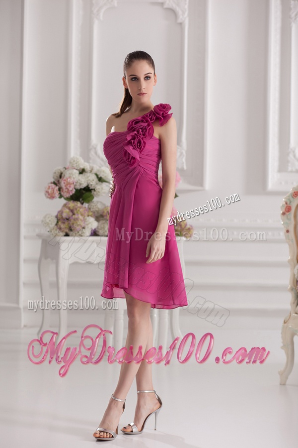 Empire One Shoulder Hand Made Flowers Ruching Fuchsia Evening Dress