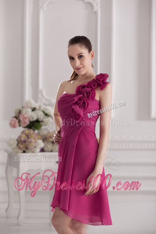 Empire One Shoulder Hand Made Flowers Ruching Fuchsia Evening Dress