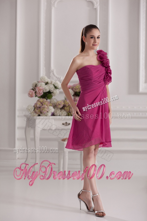 Empire One Shoulder Hand Made Flowers Ruching Fuchsia Evening Dress