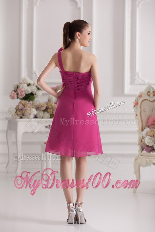 Empire One Shoulder Hand Made Flowers Ruching Fuchsia Evening Dress