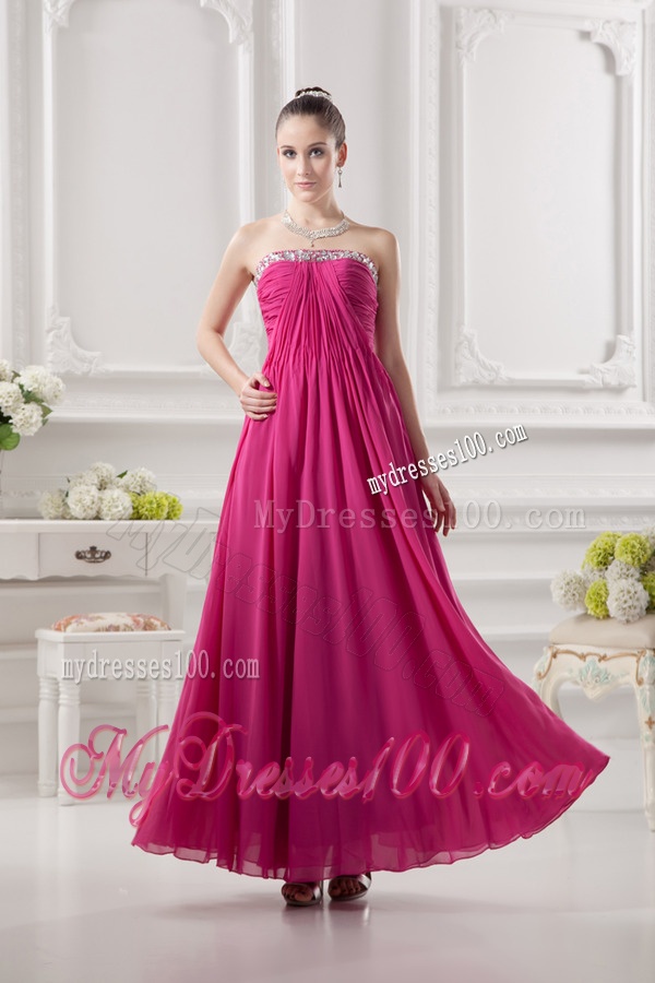 Empire Strapless Ankle-length Beading Chiffon Hot Pink Evening Dress