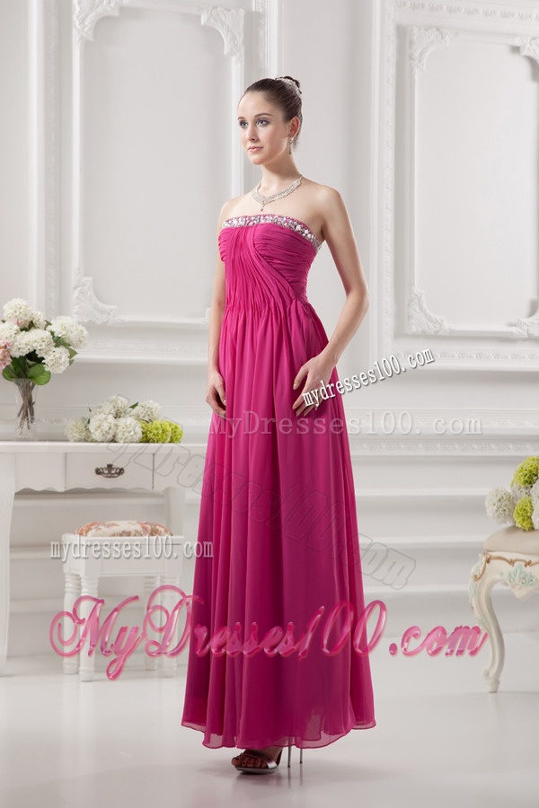 Empire Strapless Ankle-length Beading Chiffon Hot Pink Evening Dress