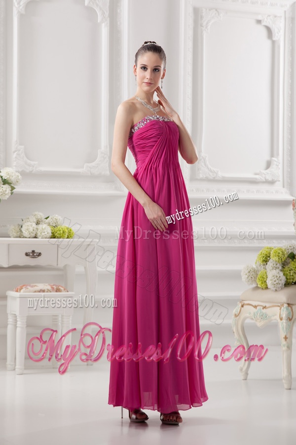 Empire Strapless Ankle-length Beading Chiffon Hot Pink Evening Dress