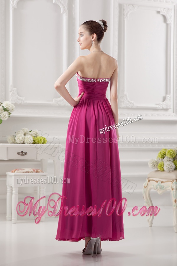 Empire Strapless Ankle-length Beading Chiffon Hot Pink Evening Dress