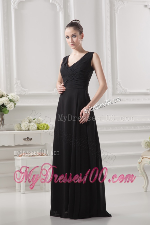 Empire V-neck Floor-length Ruching Black Evening Dress