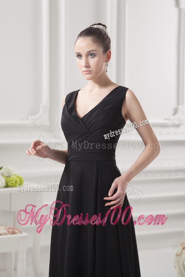 Empire V-neck Floor-length Ruching Black Evening Dress