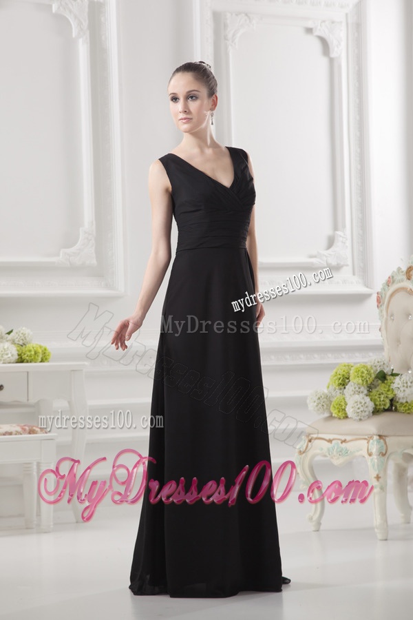 Empire V-neck Floor-length Ruching Black Evening Dress