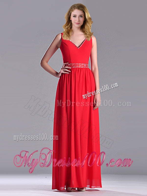 Fashionable V Neck Ankle Length Evening Dress with Beaded Decorated Waist