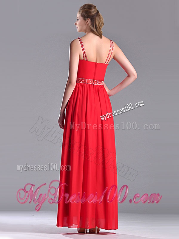 Fashionable V Neck Ankle Length Evening Dress with Beaded Decorated Waist