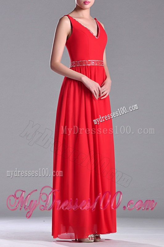 Fashionable V Neck Ankle Length Evening Dress with Beaded Decorated Waist