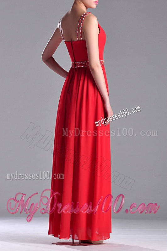 Fashionable V Neck Ankle Length Evening Dress with Beaded Decorated Waist