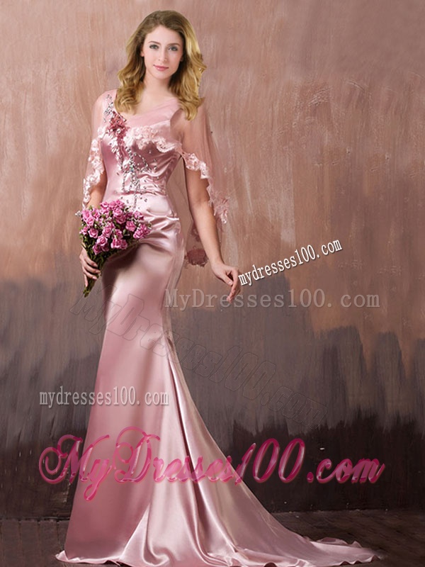 Gorgeous Mermaid V Neck Beaded Evening Dress with Brush Train
