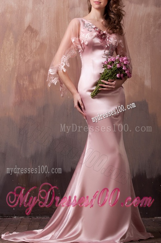 Gorgeous Mermaid V Neck Beaded Evening Dress with Brush Train