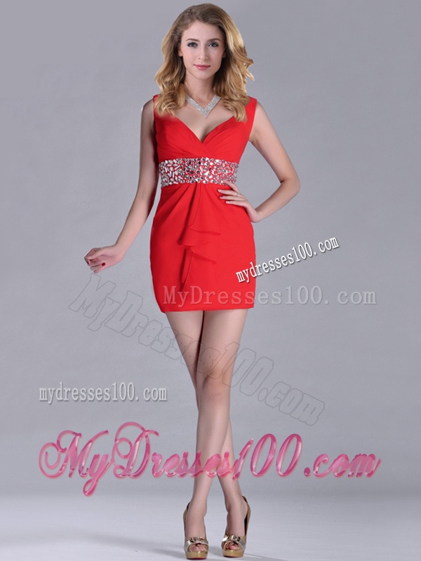 Hot Sale Beaded Decorated Waist V Neck Evening Dress in Red