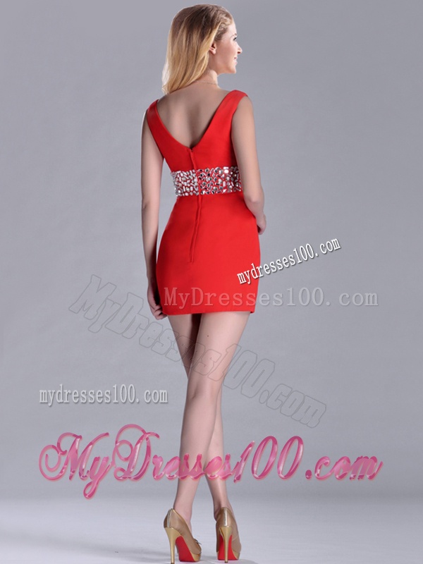 Hot Sale Beaded Decorated Waist V Neck Evening Dress in Red