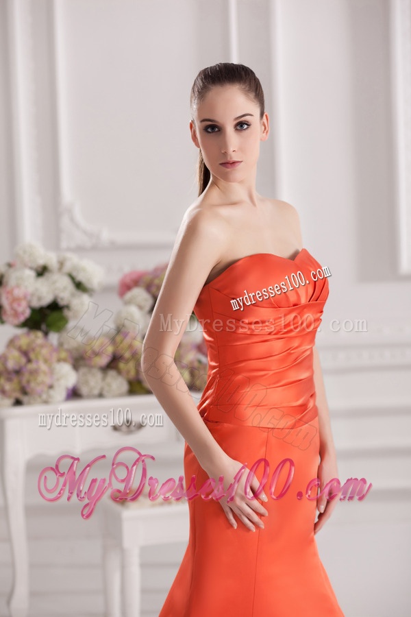 Mermaid Orange Red Sweetheart Floor-length Ruching Satin Evening Dress