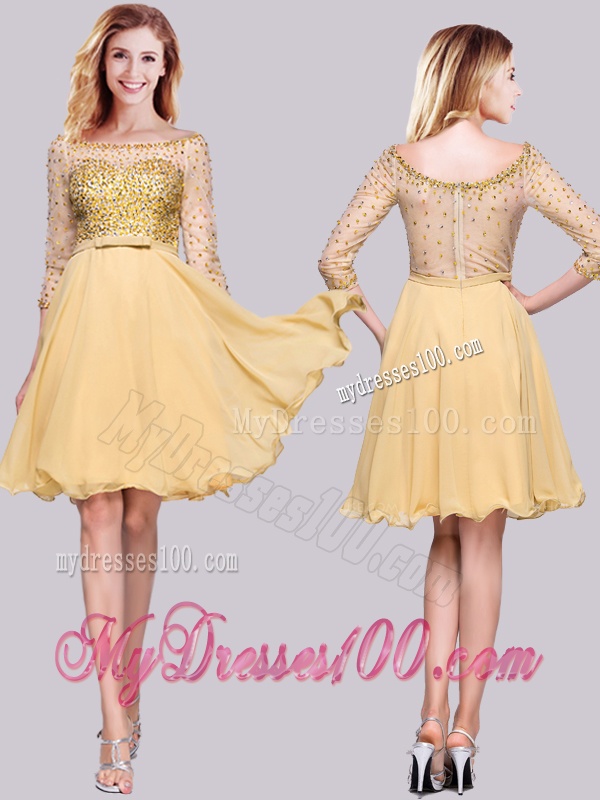 Modest See Through Chiffon Beaded Gold Evening Dress with 3/4-length Sleeves