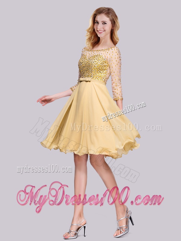 Modest See Through Chiffon Beaded Gold Evening Dress with 3/4-length Sleeves