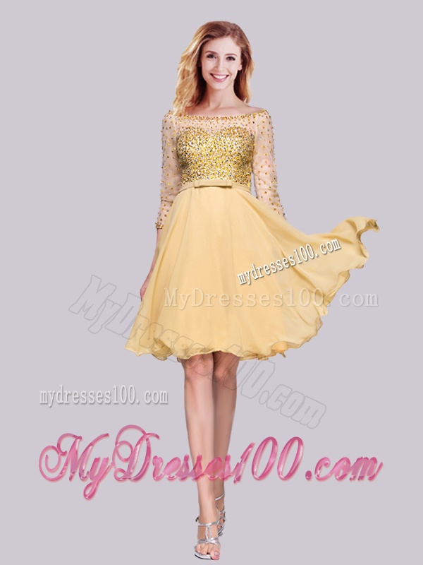 Modest See Through Chiffon Beaded Gold Evening Dress with 3/4-length Sleeves