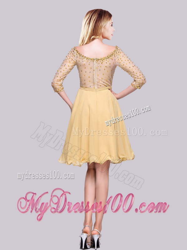Modest See Through Chiffon Beaded Gold Evening Dress with 3/4-length Sleeves